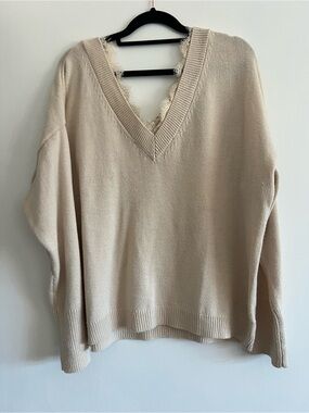 Divided Lace-Trim V-Neck Sweater - Cream